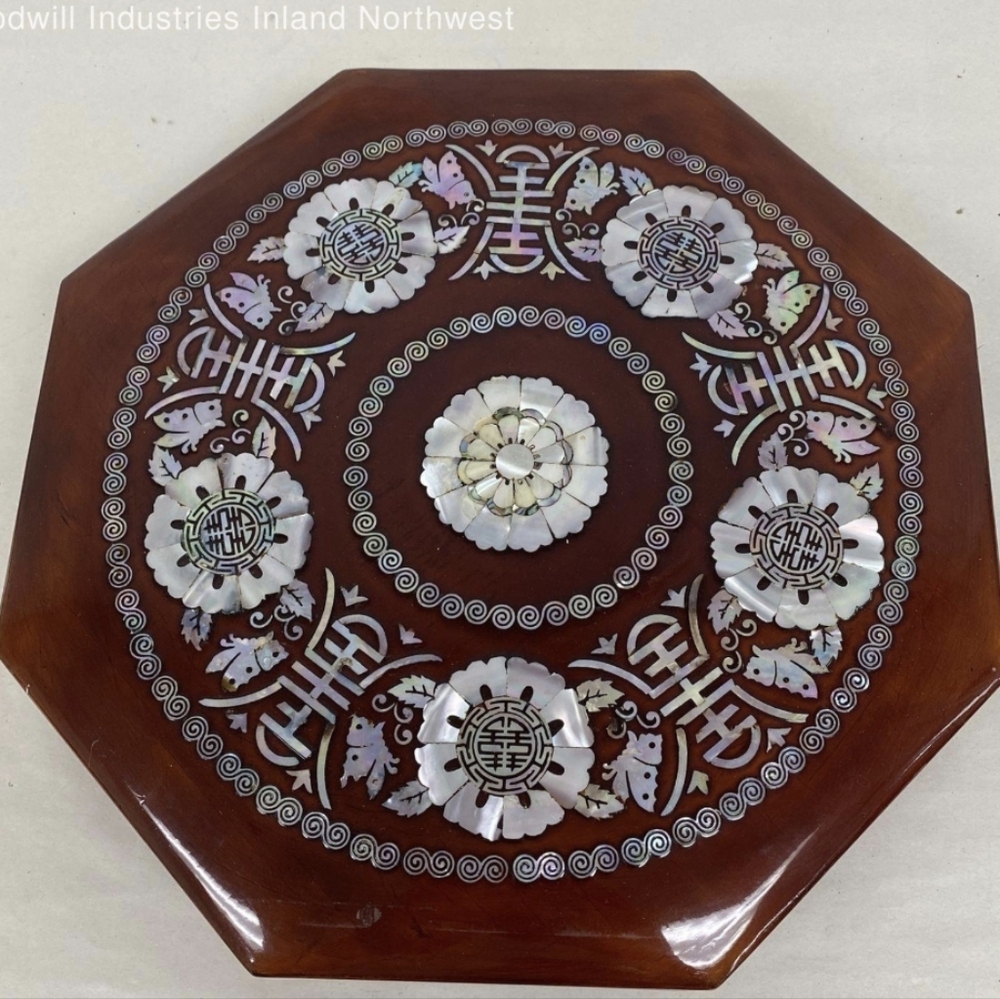 Vintage Mother Of Pearl Inlay Wooden Box With Inserts 11.5"
